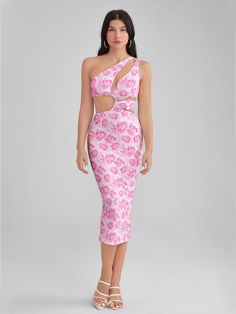 KINSLEY Pastel Rose Print One Shoulder Cutout Midi Dress