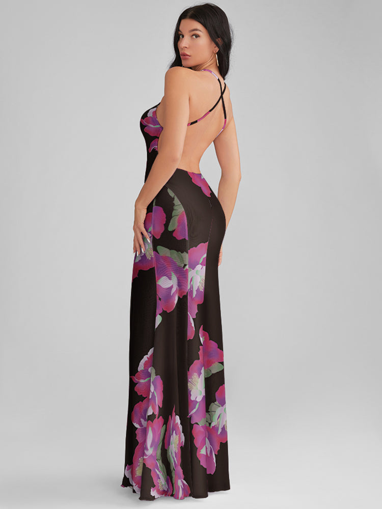 CATALINA Paeonia Print Backless Plunge Maxi Dress