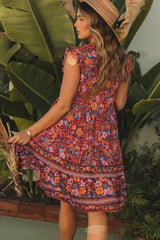 Red Retro Boho Flutter Floral Dress