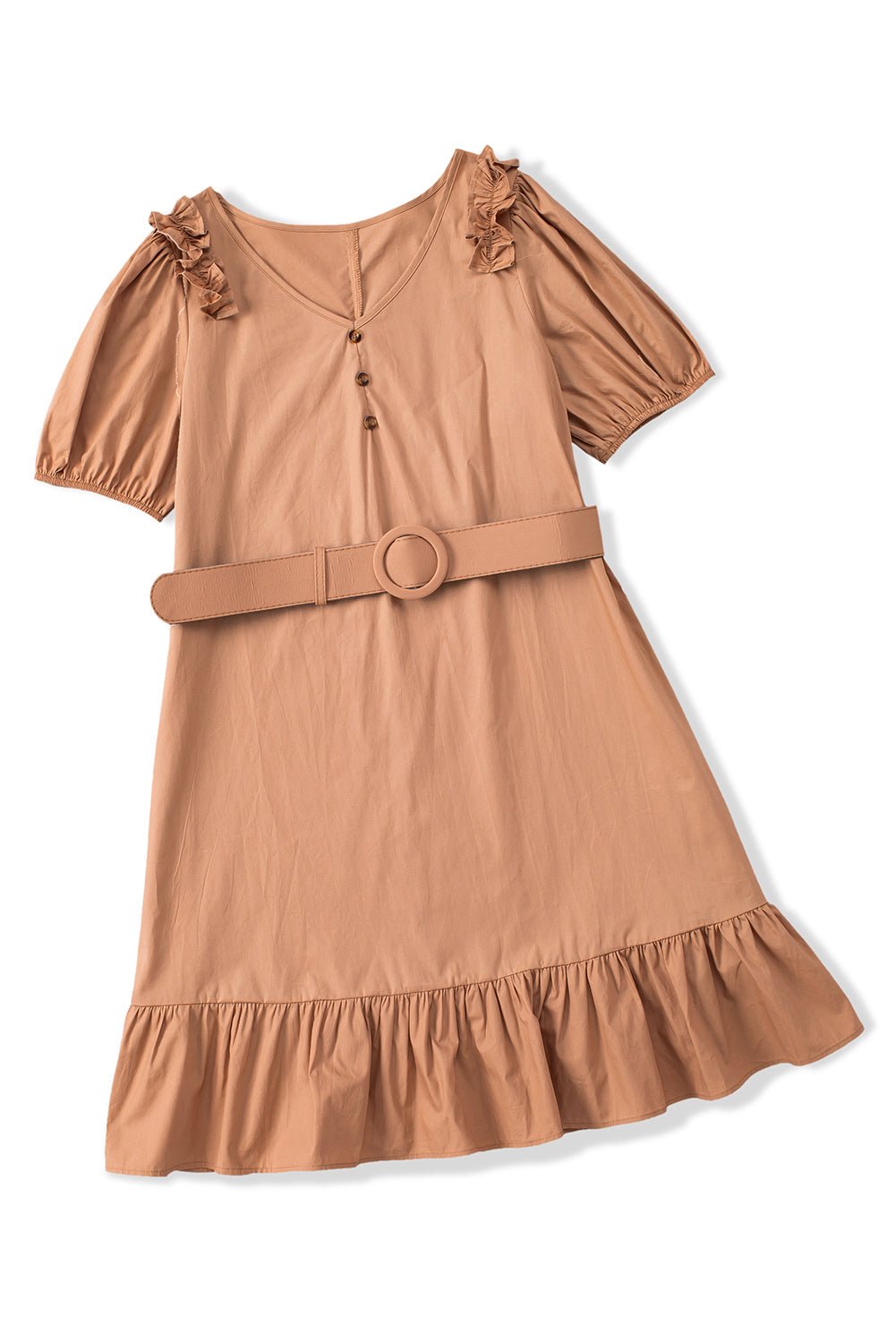 Brown V-Neck Ruffle Buttoned Midi Dress