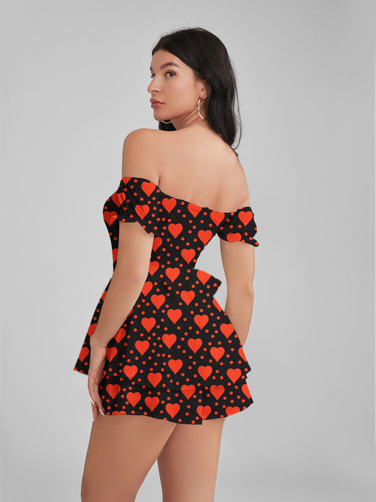 GLENDALE Heart Polka Dots Satin Ruffle Strapless Mini Dress