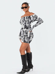 Fold Over Off Shoulder Long Sleeve Mini Dress