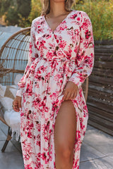 Pink Wrap V Neck Floral Maxi Dress