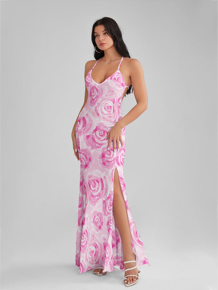 CATALINA Pastel Rose Print Backless Plunge Maxi Dress