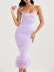 Spaghetti Straps Feather Satin Midi Dress