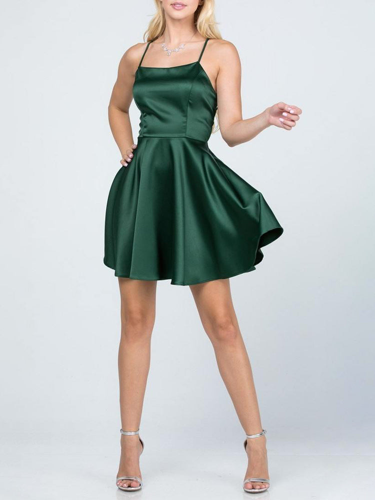 Satin Criss Cross Back Sleeveless Flared Mini Dress