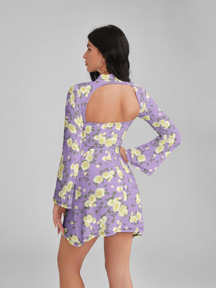 Emily In Paris Pattern Purple Floral Crew Neck Cutout Mini Dress