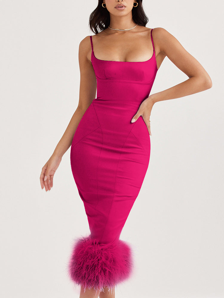 Spaghetti Straps Feather Satin Midi Dress