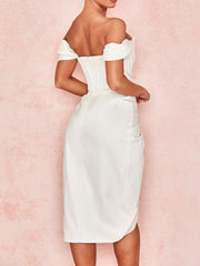 Satin Off Shoulder Side Slit Midi Formal Dress