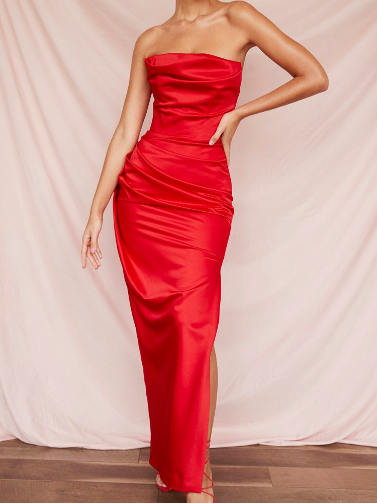 Strapless Satin High Side Slit Maxi Prom Dress