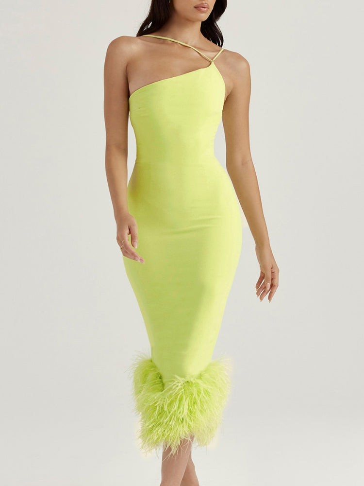 Asymmetric Neckline Feather Trim Midi Dress