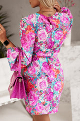 Purple Floral Keyhole Back Long Sleeve Belted Dress