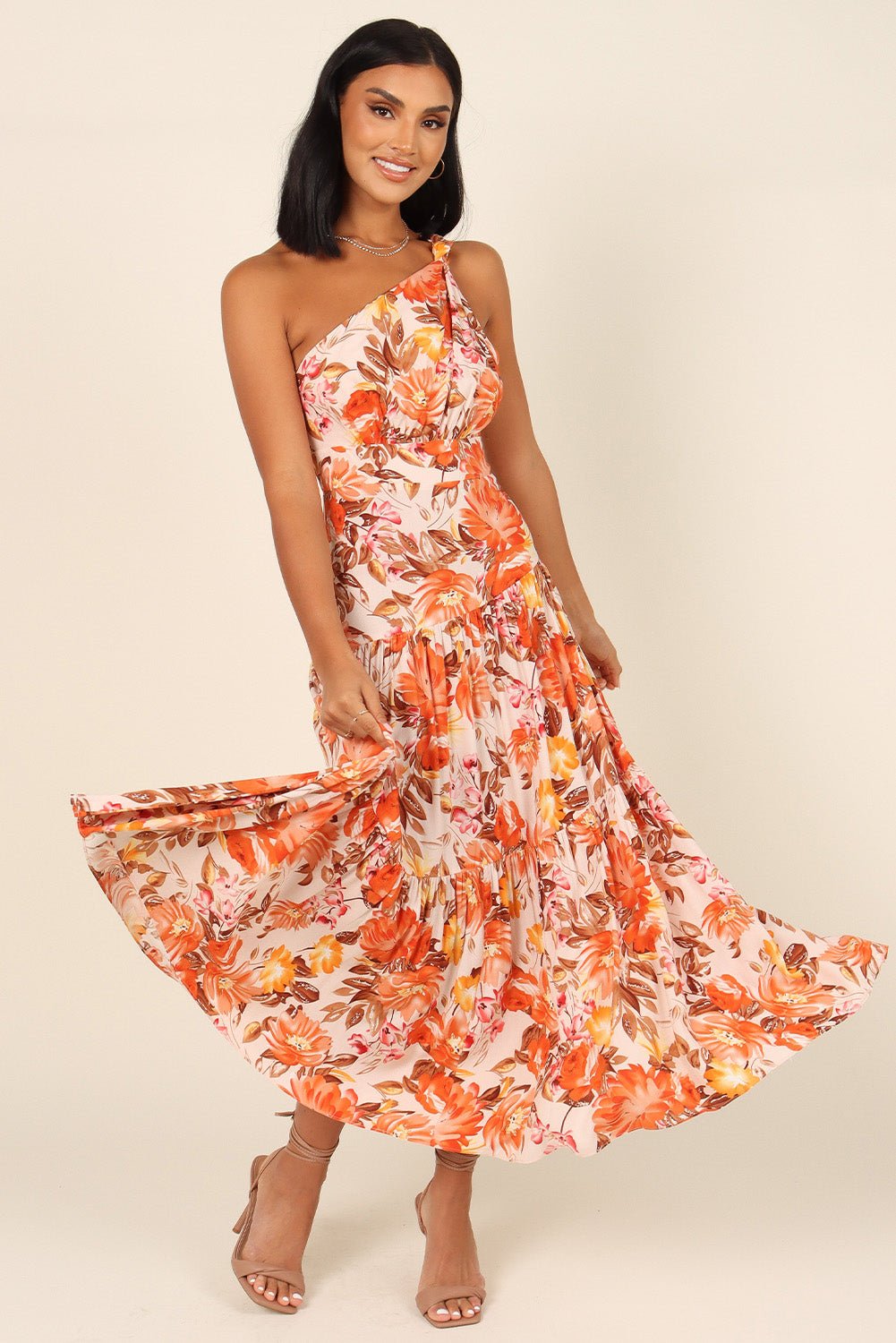 Orange Floral Pleated One Shoulder Maxi Dress