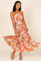 Orange Floral Pleated One Shoulder Maxi Dress