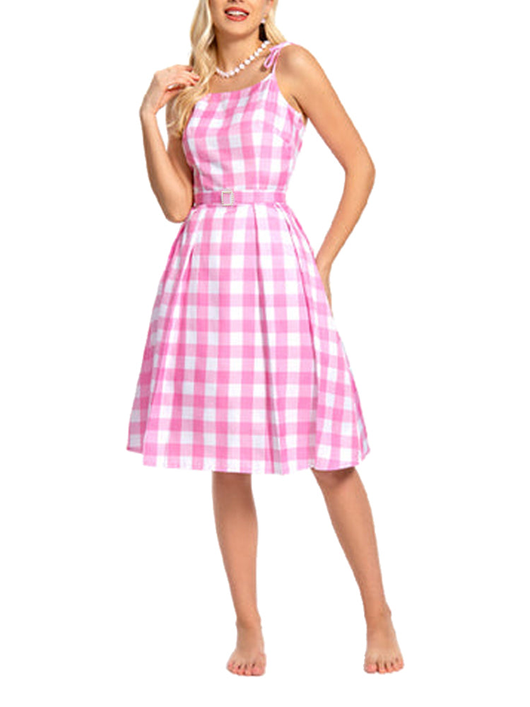 Barbie Pink Plaid Printed Cami Midi Dress