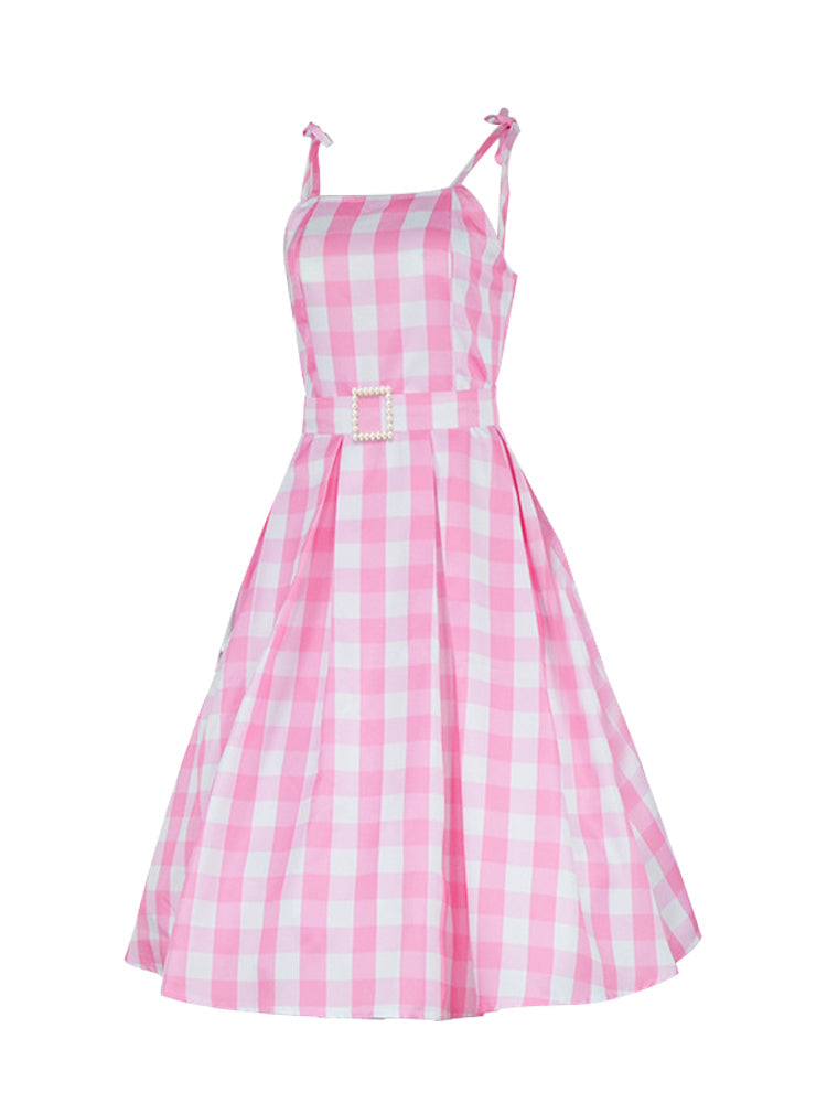 Barbie Pink Plaid Printed Cami Midi Dress