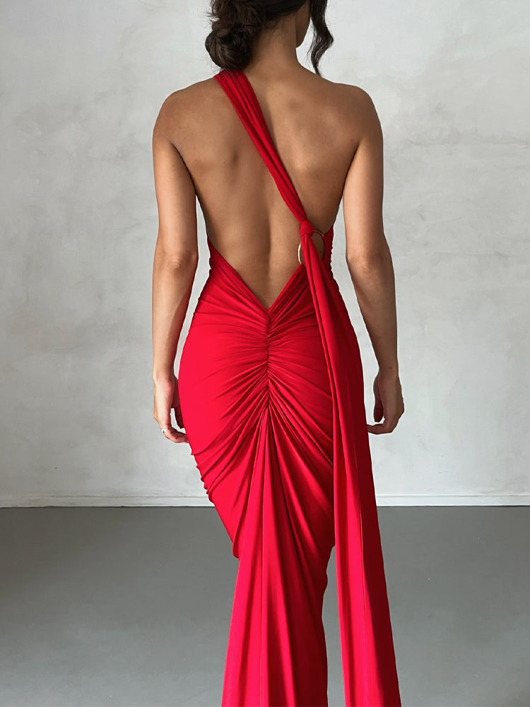 Elongated Sash Halter Sleeveless Open Back Maxi Dress