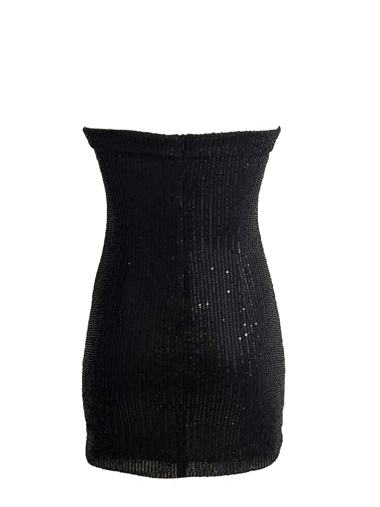 Black Sequin Strapless Foldover Neck Bodycon Mini Dress