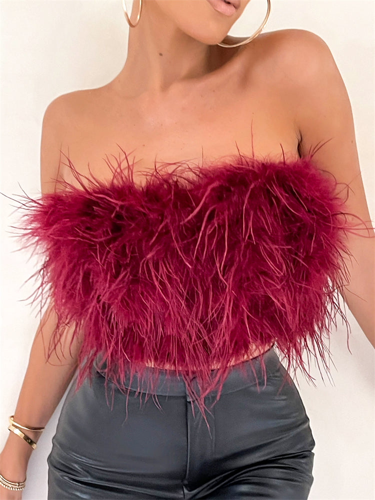 Strapless Women Feather Bandeau Crop Top