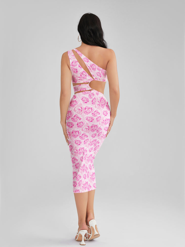 KINSLEY Pastel Rose Print One Shoulder Cutout Midi Dress