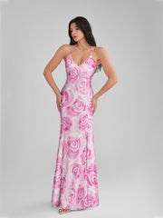 CATALINA Pastel Rose Print Backless Plunge Maxi Dress