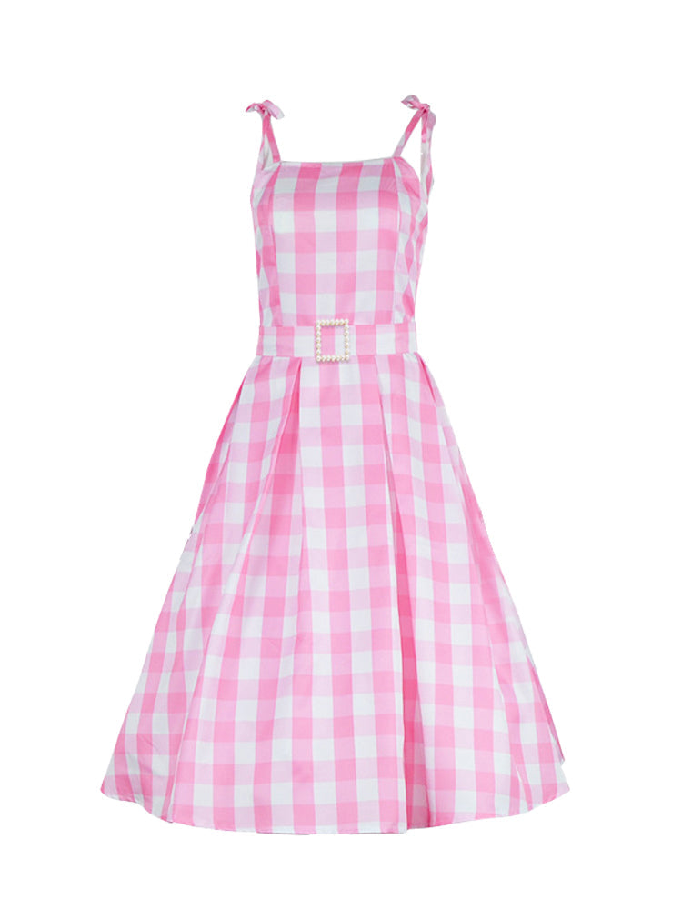 Barbie Pink Plaid Printed Cami Midi Dress