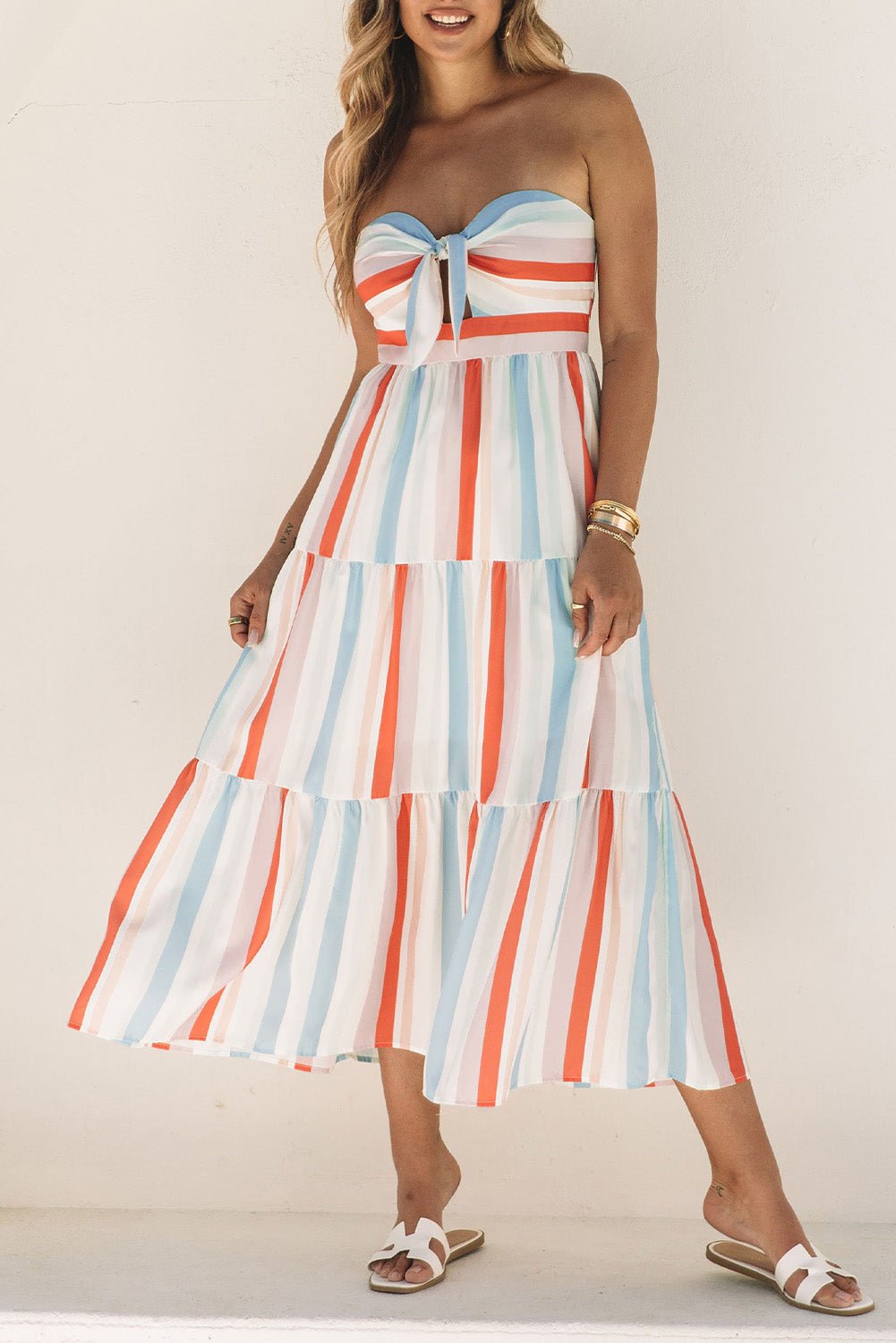 Multicolor Striped Tie Decor Strapless Tiered Maxi Dress