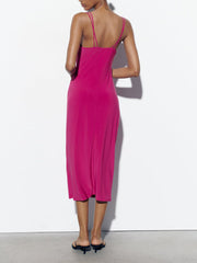 Deeppink Draped Neck Thin Double Straps Midi Dress