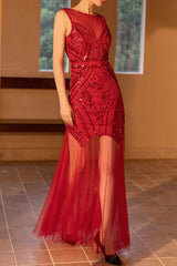 1920s Gatsby Sequin Tulle Sleeveless Bodycon Maxi Evening Dress - Red