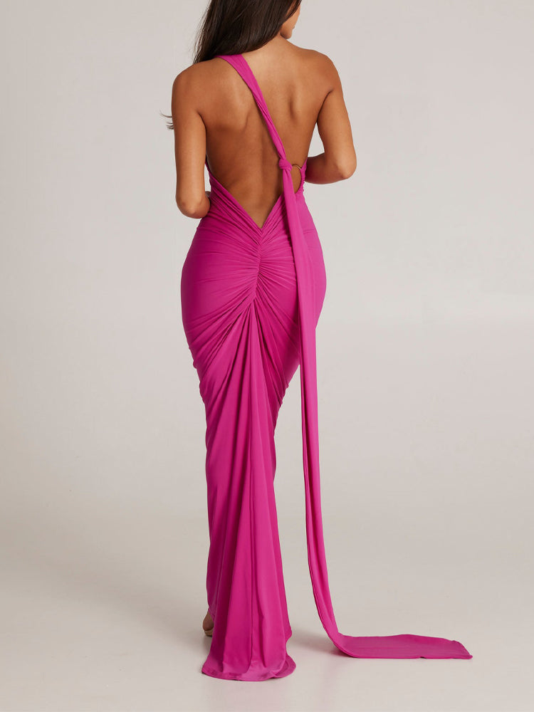 Elongated Sash Halter Sleeveless Open Back Maxi Dress