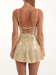 Sequin Lace-up Back Flared Mini Dress