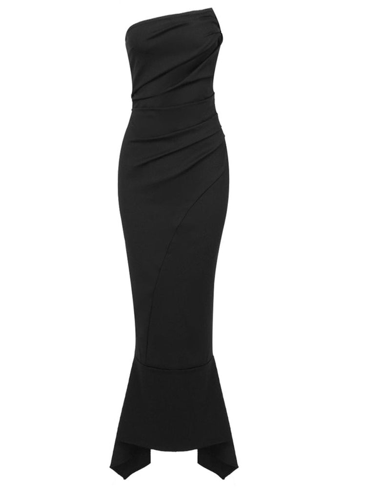 Off Shoulder Ruched Slit Fishtail Maxi Dress