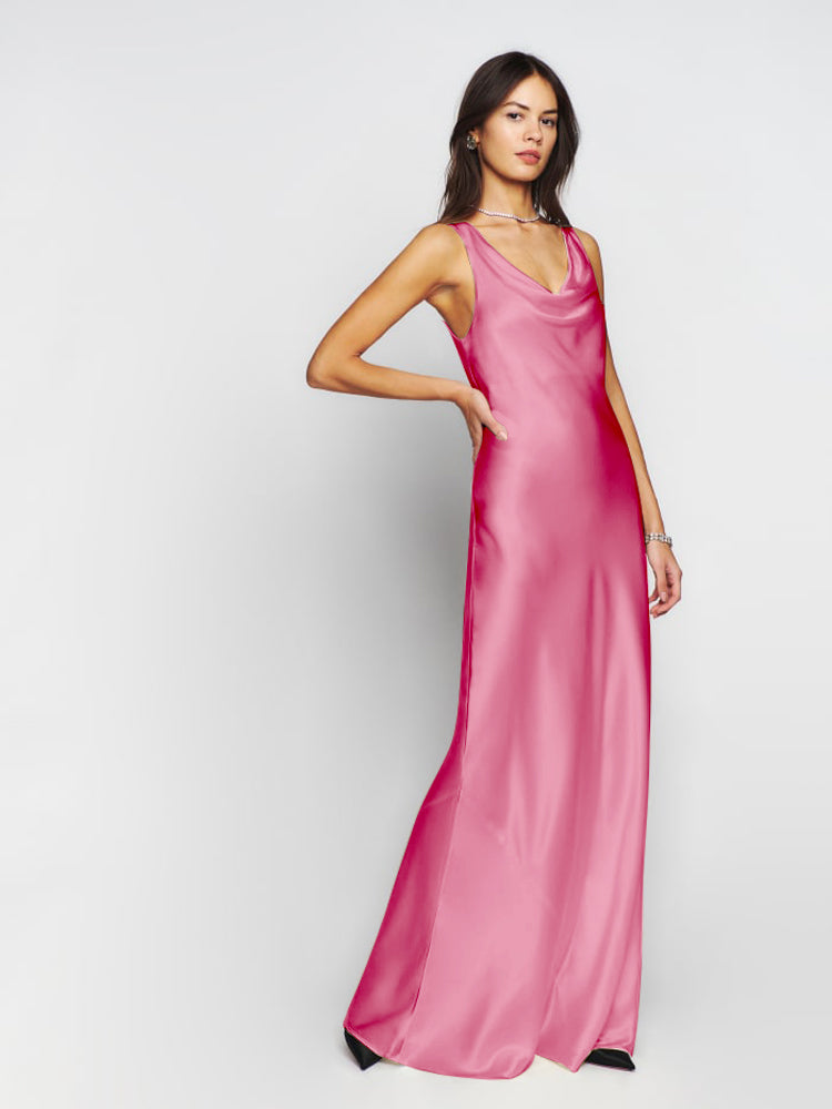 Scooped Cowl Neck Sleeveless Silk Dress