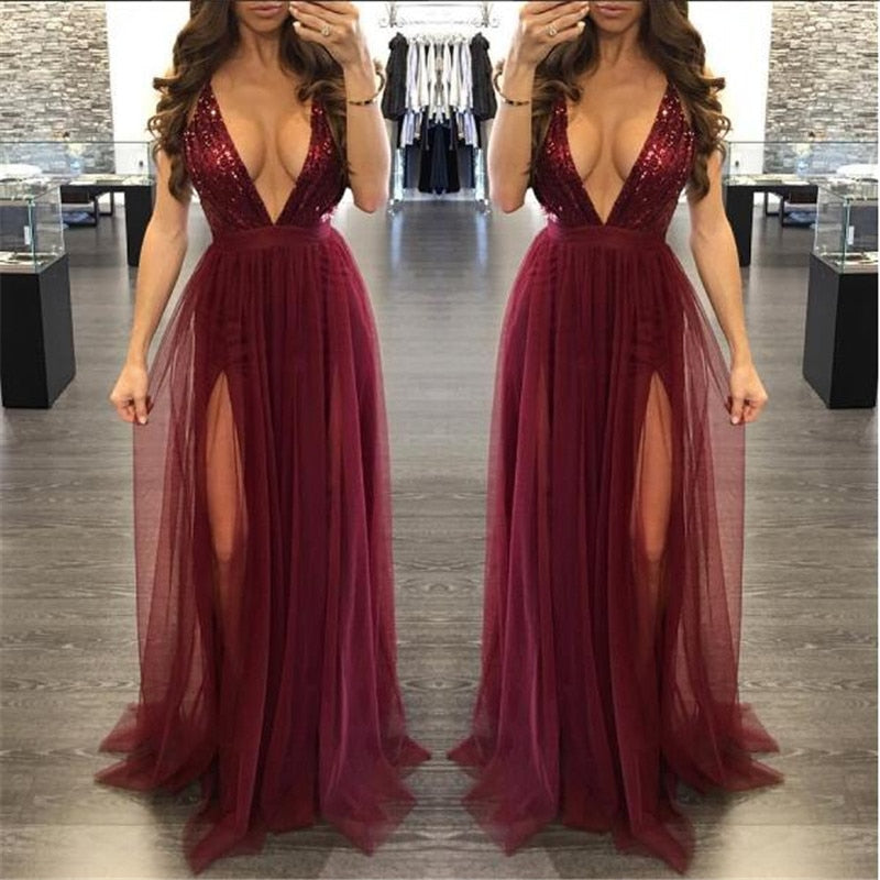 Deep V Backless Sequin Strap Maxi Slit Dresses