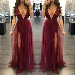 Deep V Backless Sequin Strap Maxi Slit Dresses