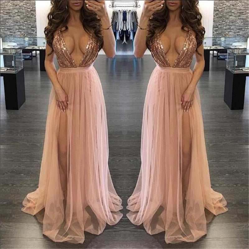 Deep V Backless Sequin Strap Maxi Slit Dresses