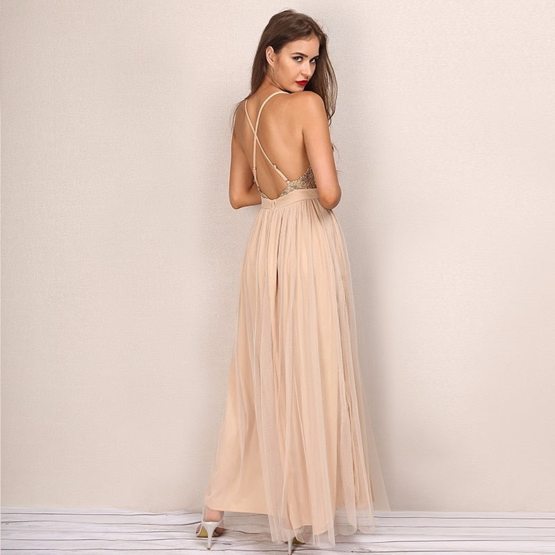 Deep V Backless Sequin Strap Maxi Slit Dresses