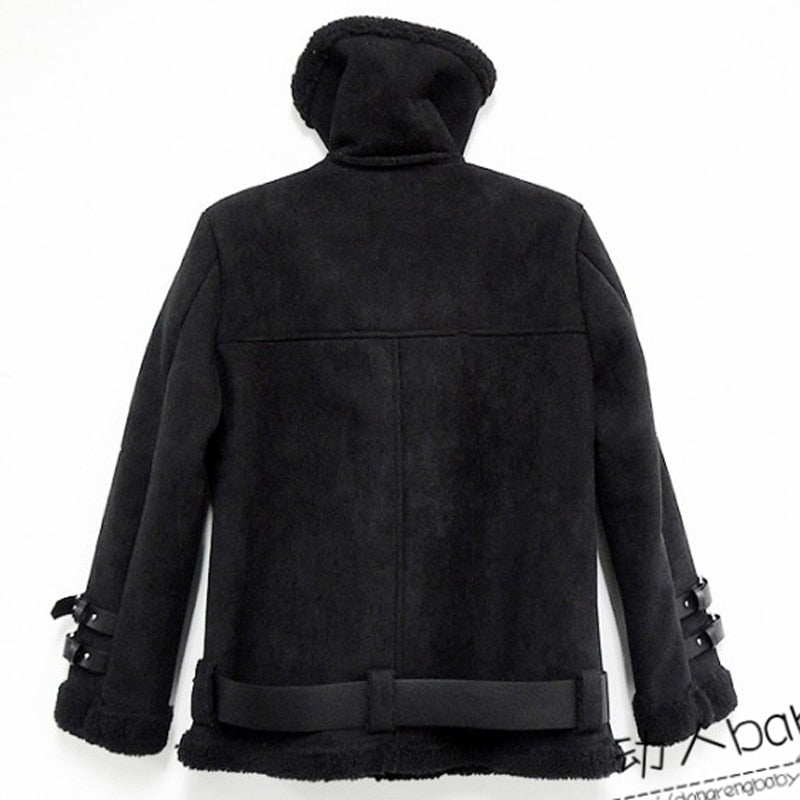 Black Faux Fur Turn-down Collar Jacket