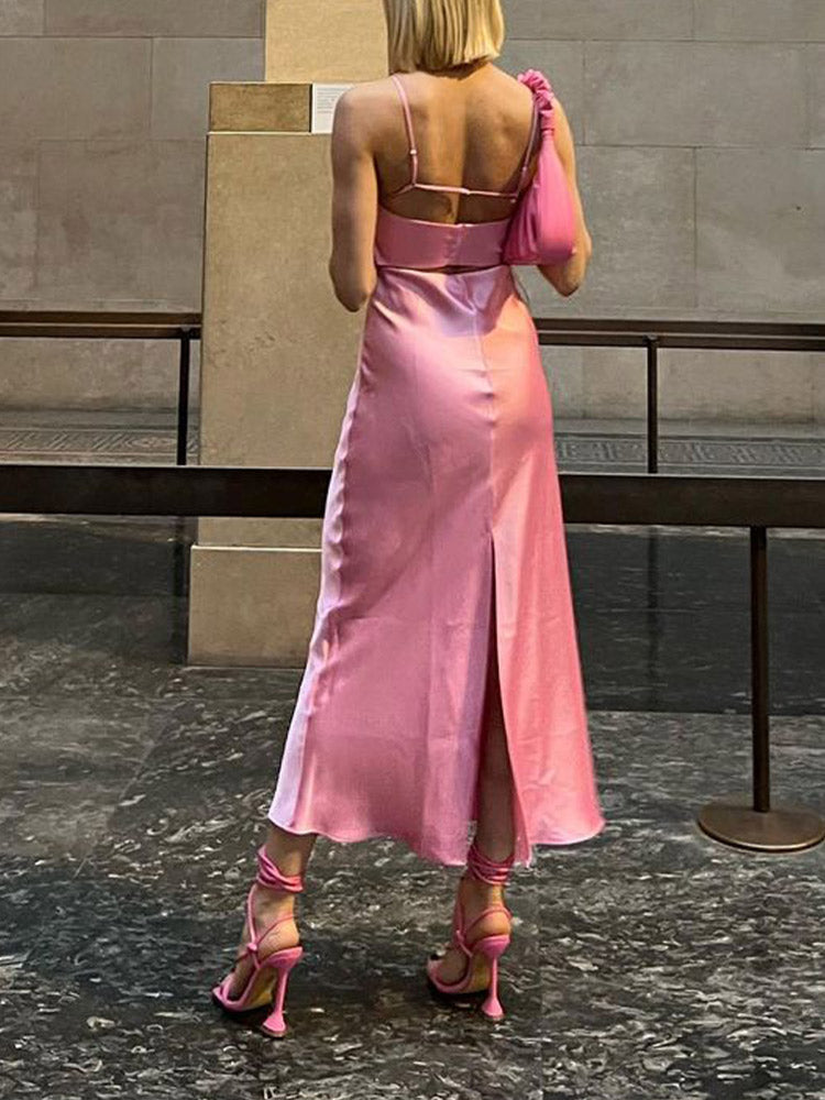 Satin Sleeveless Backless Slit Midi Dress