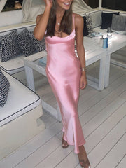 Satin Sleeveless Backless Slit Midi Dress