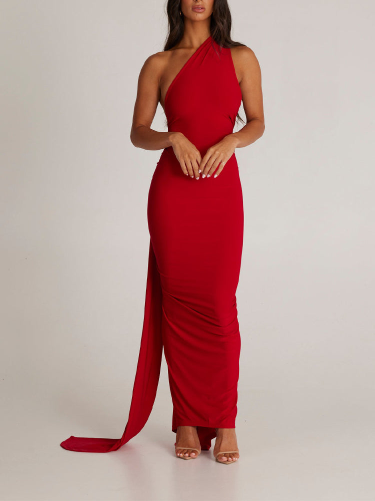 Elongated Sash Halter Sleeveless Open Back Maxi Dress