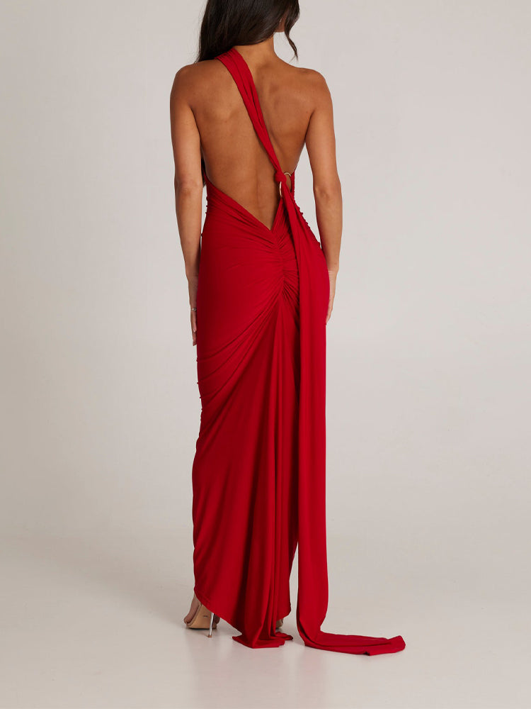 Elongated Sash Halter Sleeveless Open Back Maxi Dress