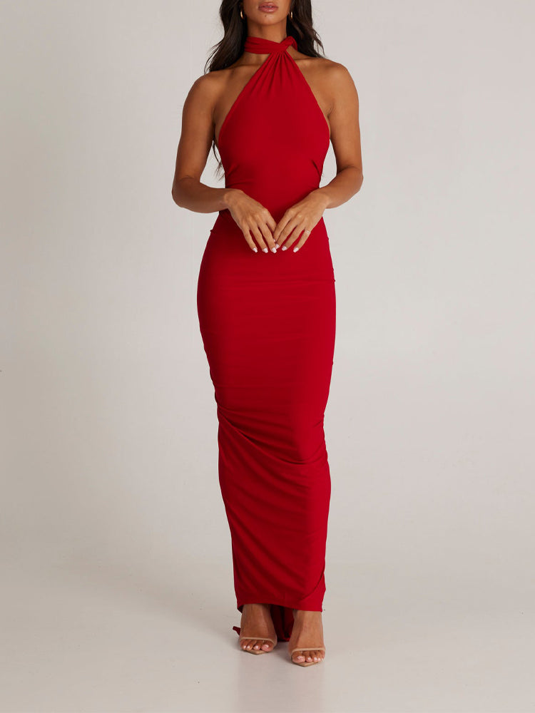 Elongated Sash Halter Sleeveless Open Back Maxi Dress