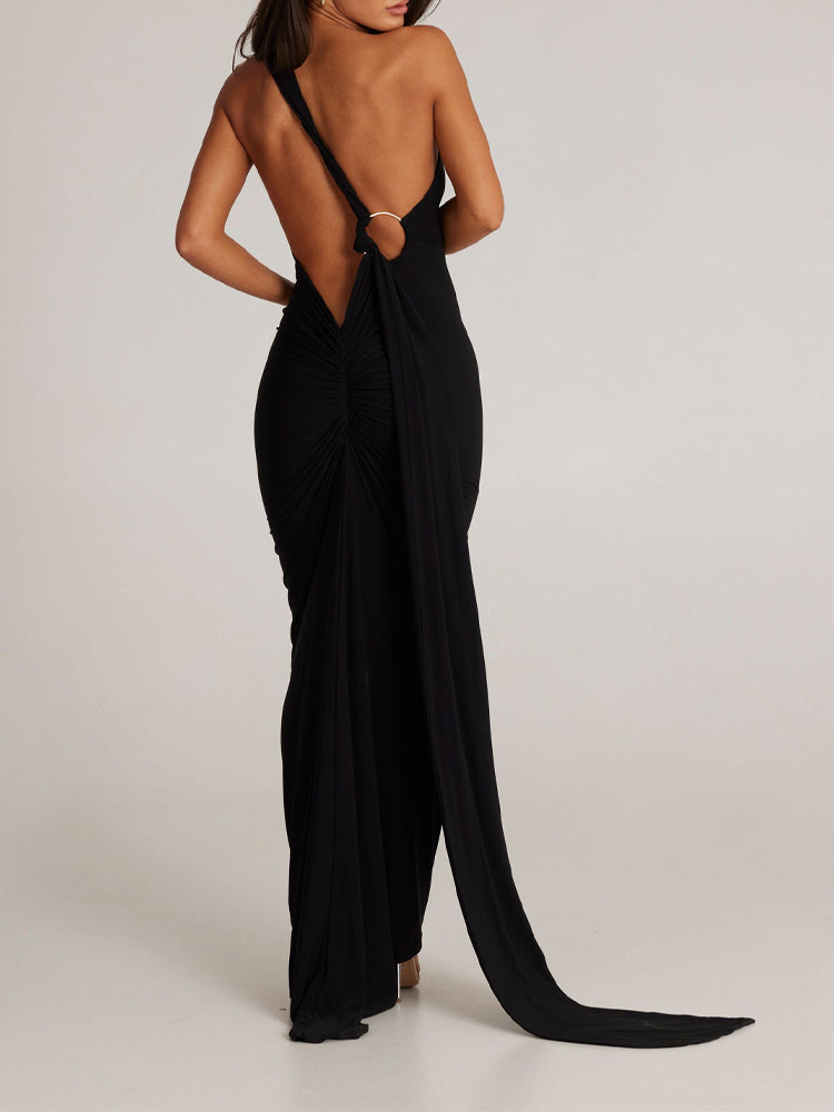 Elongated Sash Halter Sleeveless Open Back Maxi Dress