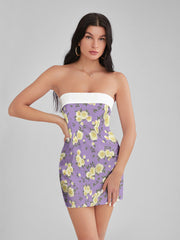 Emily In Paris Pattern Purple Floral Strapless Corset Mini Dress