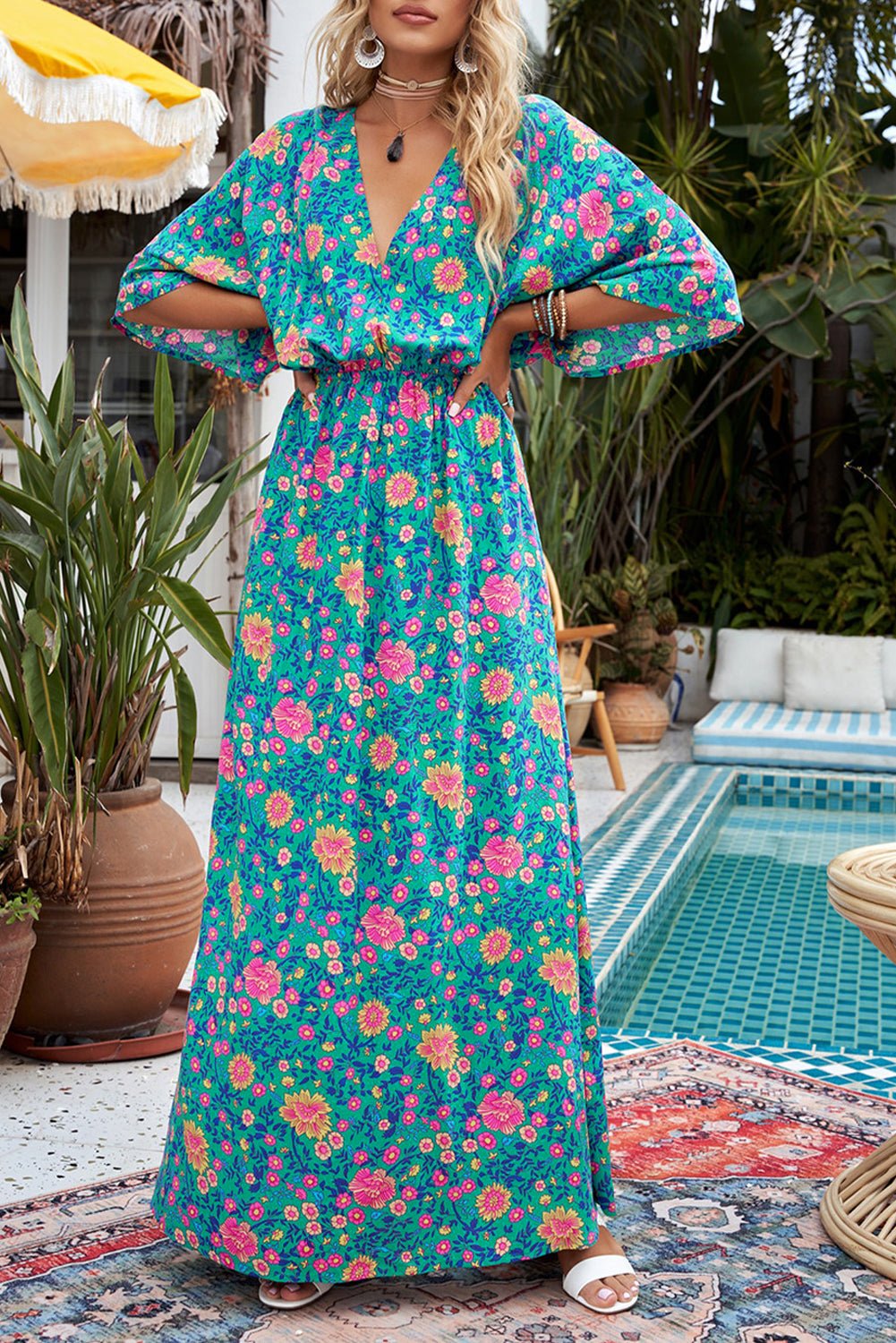 Green Boho Deep V Neck Floral Maxi Dress