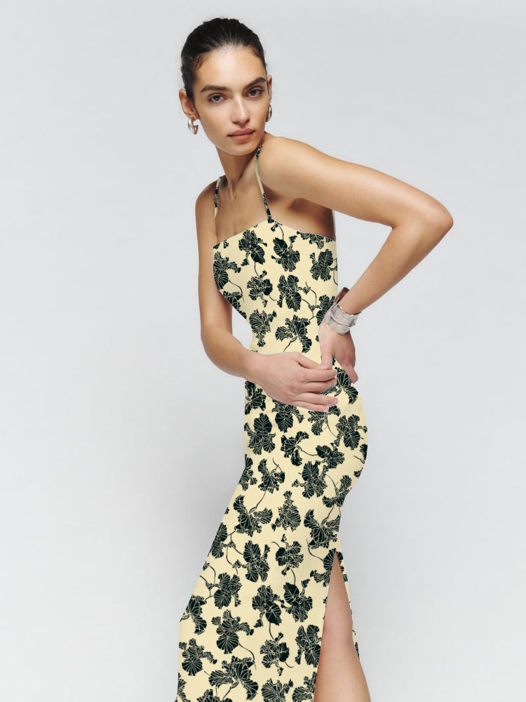 Ginkgo Print Smocking Back Slit Maxi Dress