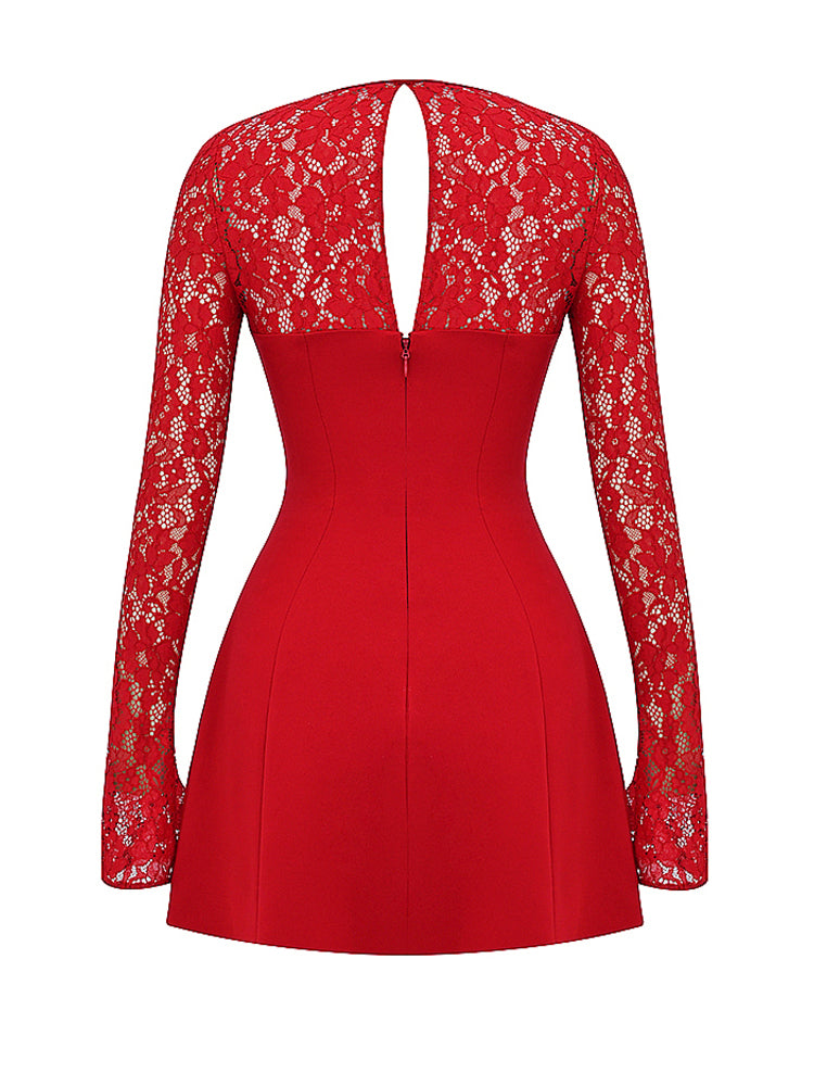 Red Rose Lace Long Sleeves A-line Mini Dress