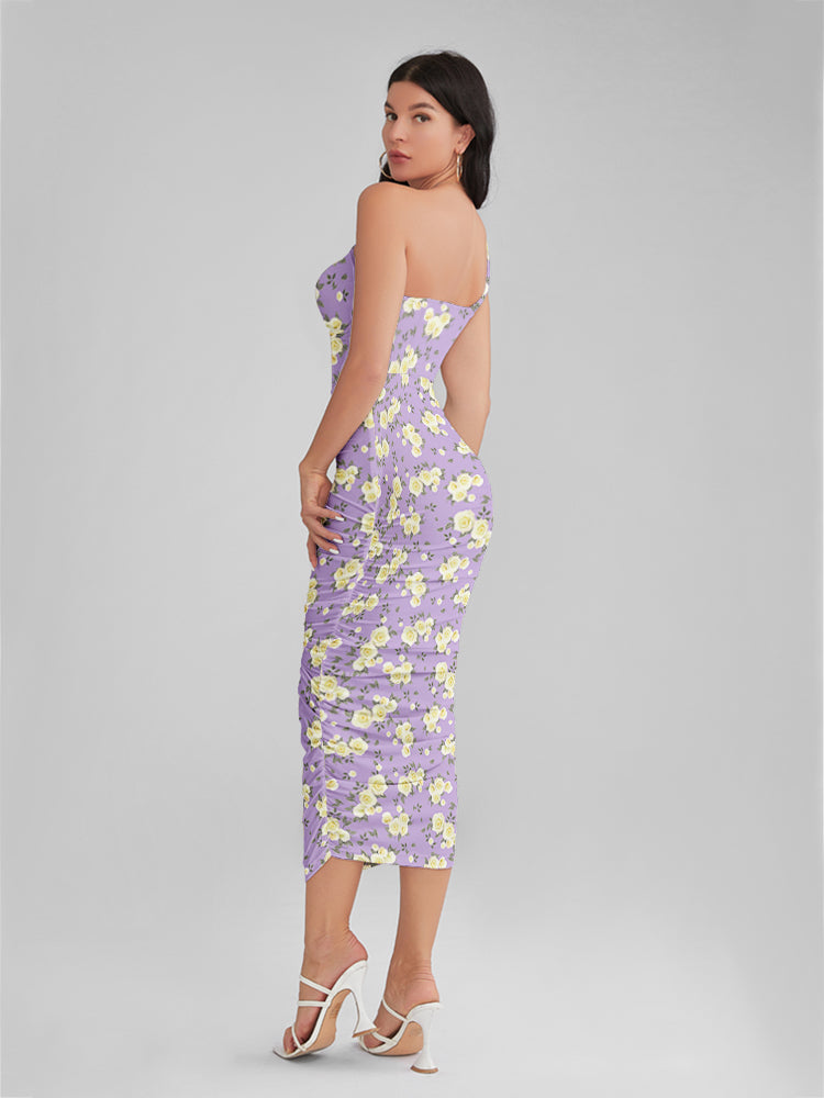 Emily In Paris Pattern Purple Floral One Shoulder Corset Midi Dress