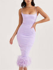 Spaghetti Straps Feather Satin Midi Dress